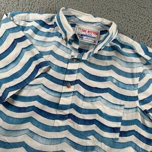 The Nutter Chubbies Mens Shirt Medium Blue White Wave Print Casual Button‎ Down